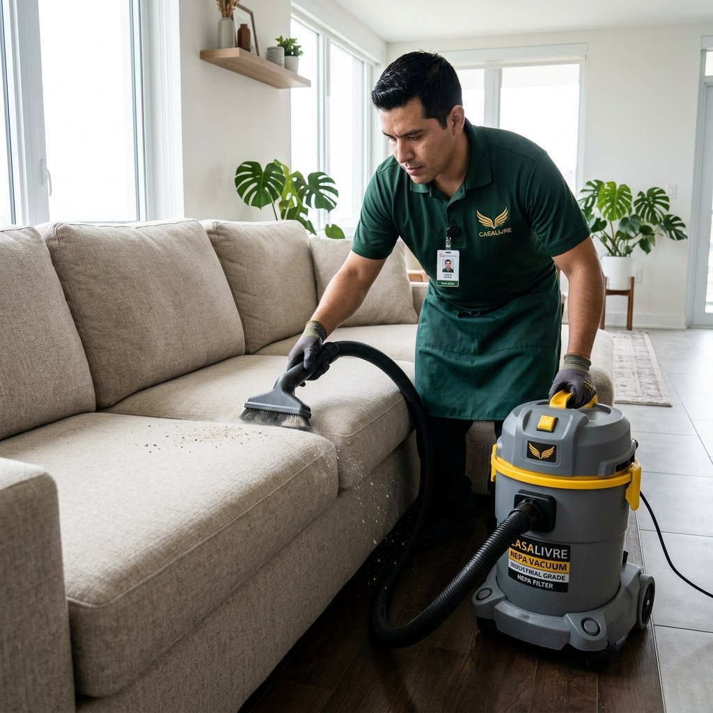 Técnico da Casa Livre aspirando sofá com aspirador industrial HEPA para remover pó seco e micropartículas