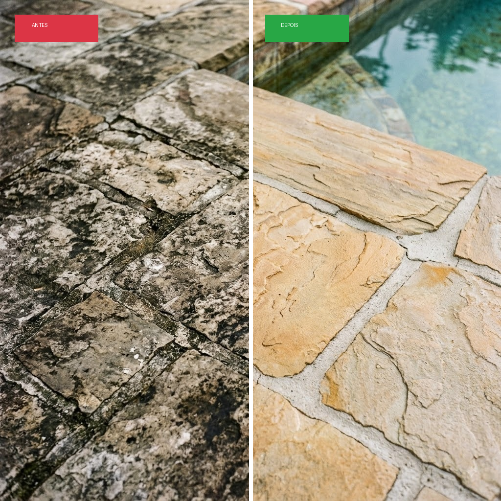 Antes e Depois - Limpeza de Piso Rústico de Piscina
