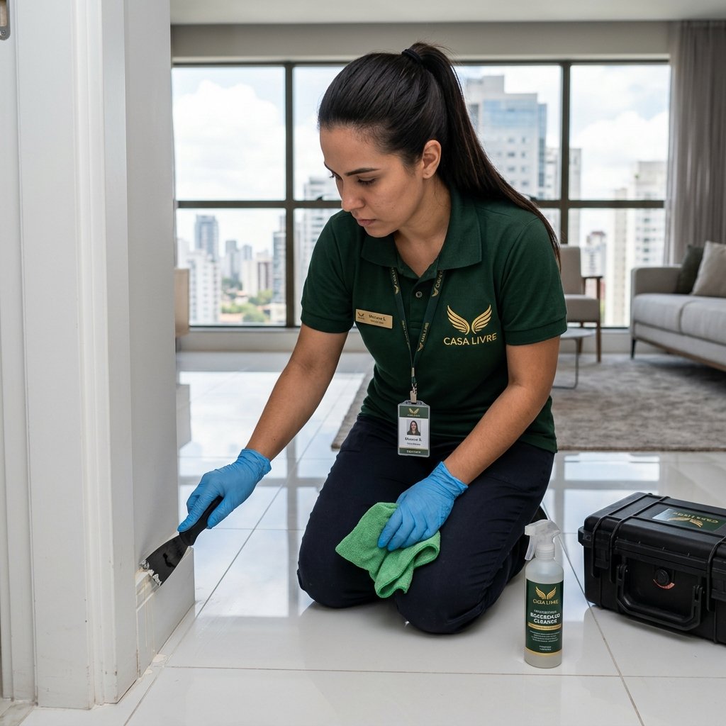 Técnica da Casa Livre realizando desincrustação manual de precisão em rodapé com espátula e microfibra