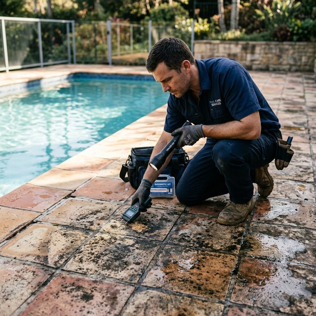 Técnico realizando diagnóstico de pedras ao redor de piscina em Jaú
