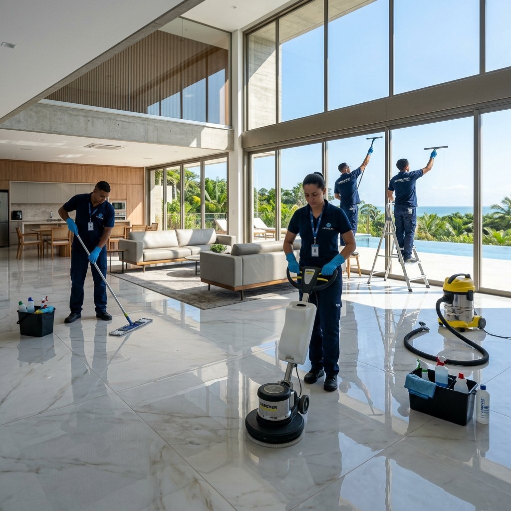 Equipe profissional da Casa Livre Limpadora realizando limpeza pós obra em imóvel em Jaú