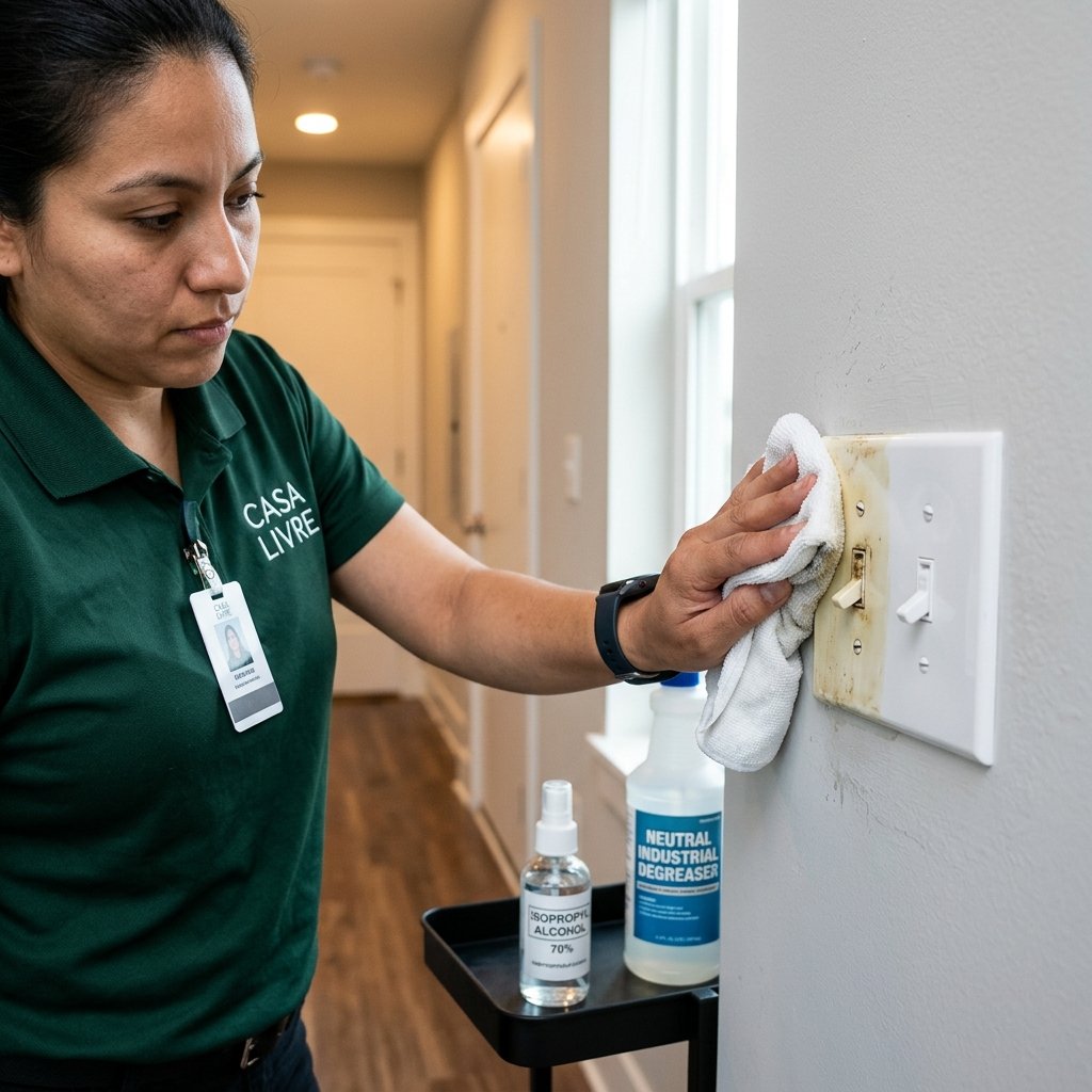 Técnico da Casa Livre limpando interruptor com microfibra umedecida em álcool isopropílico, sem borrifar na peça elétrica