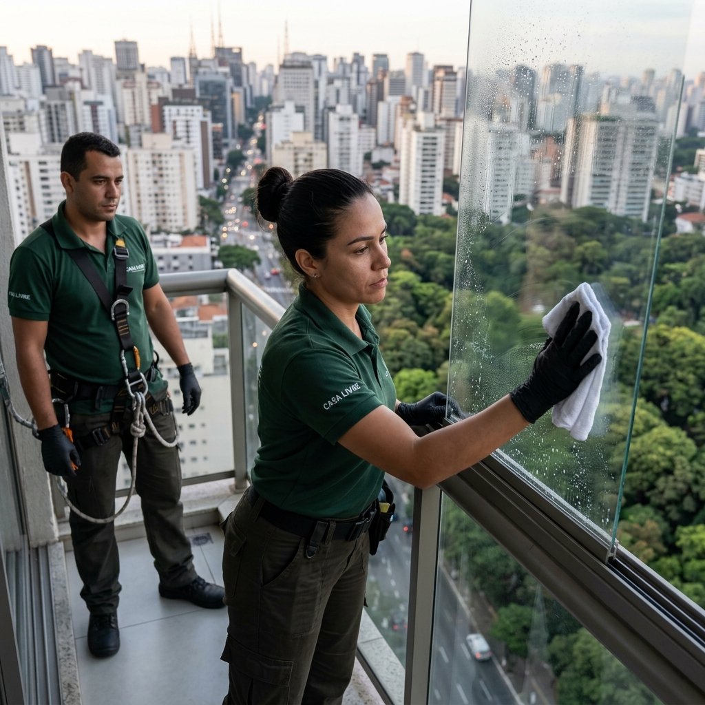 Técnica da Casa Livre higienizando folha de vidro com pano de microfibra