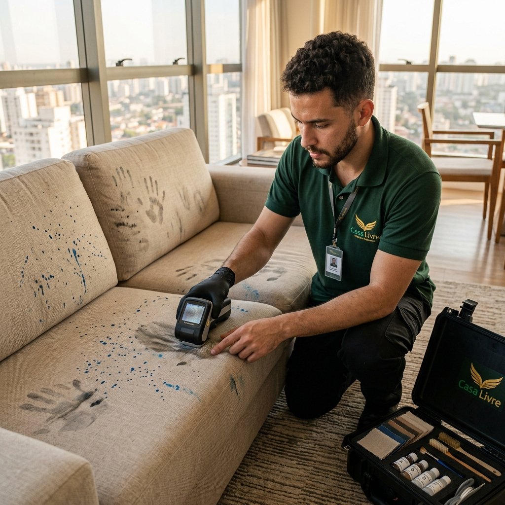 Técnico da Casa Livre analisando fibras e manchas de sofá com scanner de diagnóstico e maleta de amostras