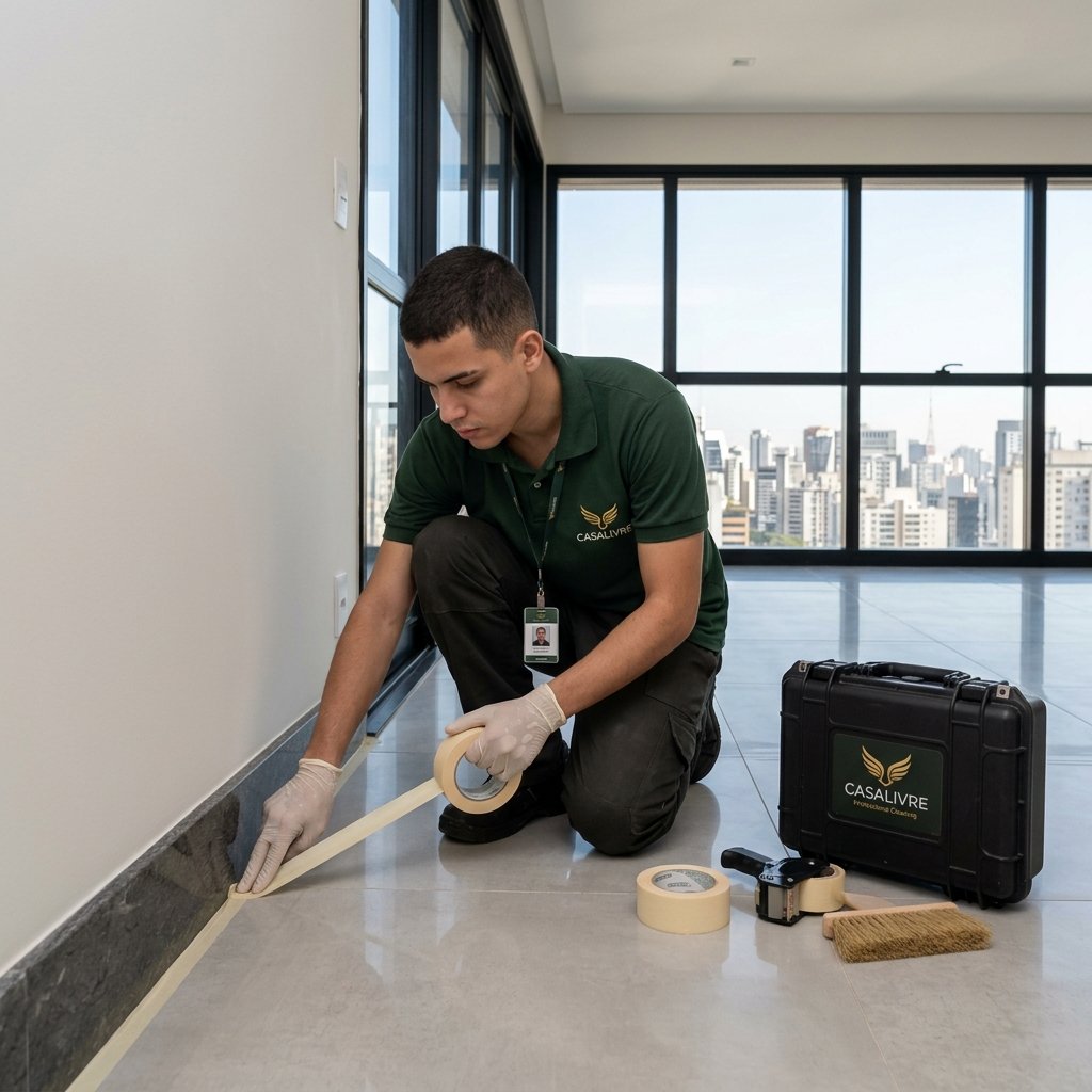 Técnico da Casa Livre aplicando fita crepe de proteção ao longo do rodapé antes da remoção de tinta