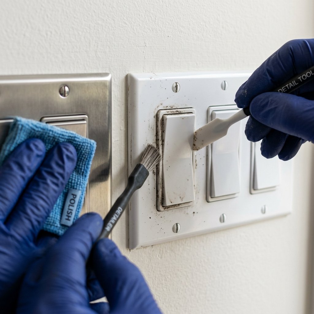 Técnico da Casa Livre limpando frisos, teclas e bordas de espelho elétrico com haste flexível e espátula de silicone de precisão