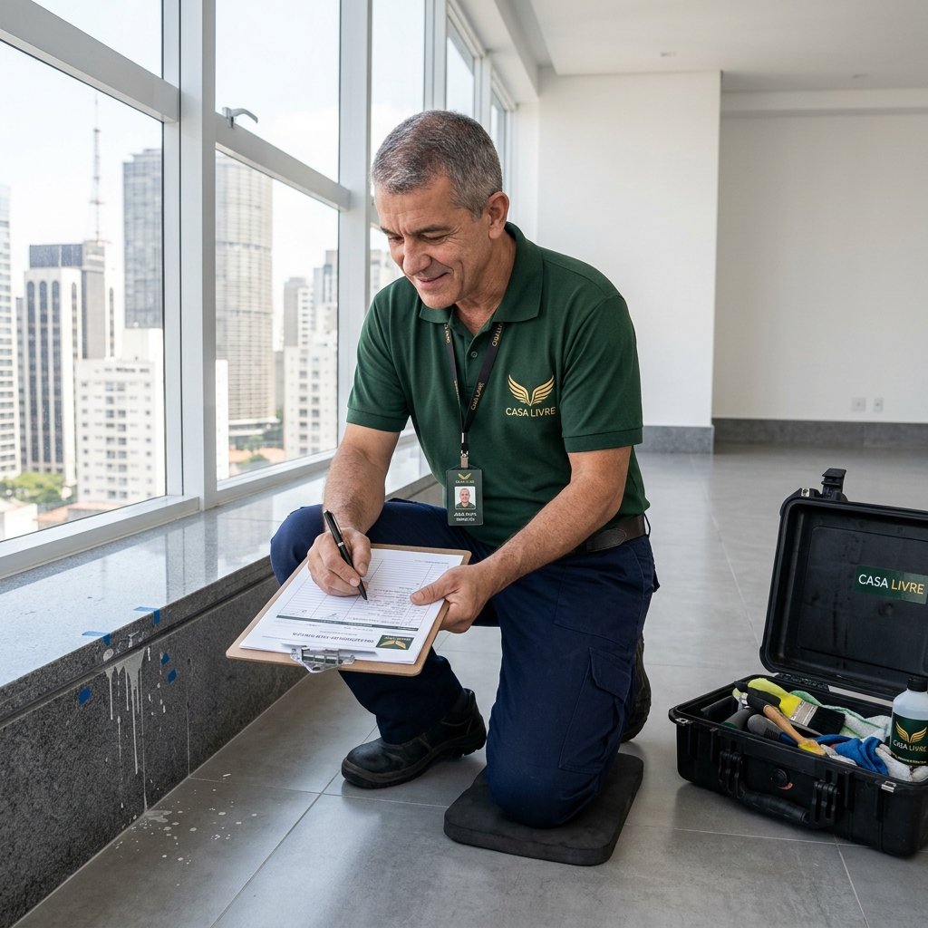 Técnico sênior da Casa Livre inspecionando e mapeando respingos de tinta em rodapé