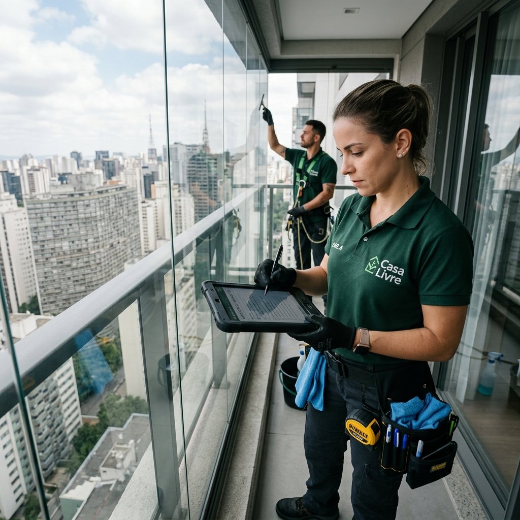 Técnica da Casa Livre realizando vistoria e mapeamento de janelas